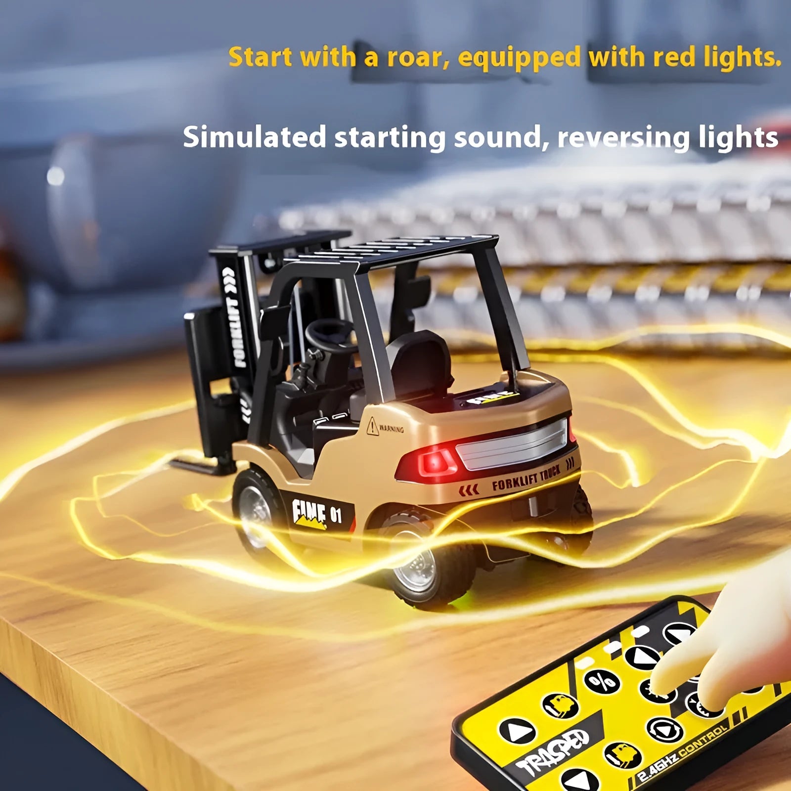 1:64 scale Bluetooth remote-control alloy forklift model with obstacle course accessories