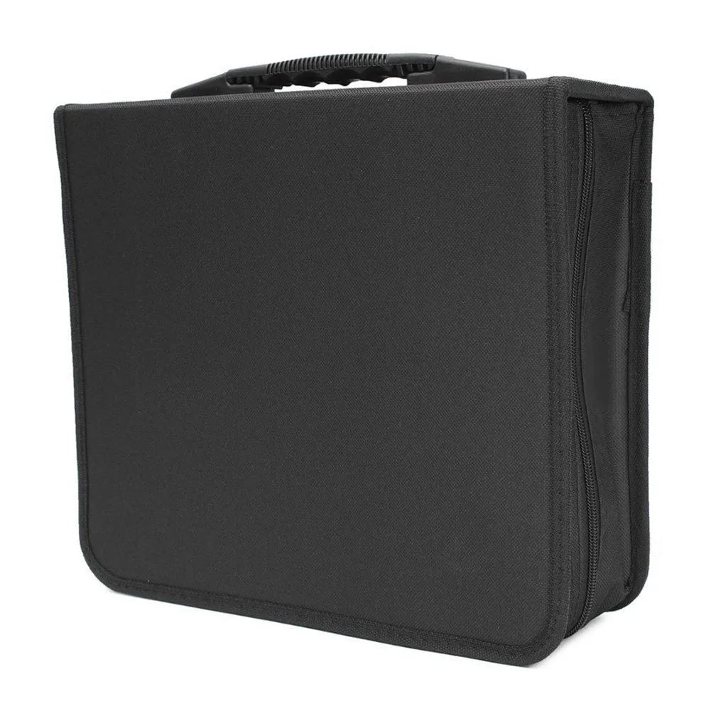 Black Oxford fabric CD DVD storage binder with a zipper and top carry strap, showing capacity for hundreds of discs.
