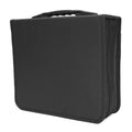 Black Oxford fabric CD DVD storage binder with a zipper and top carry strap, showing capacity for hundreds of discs.