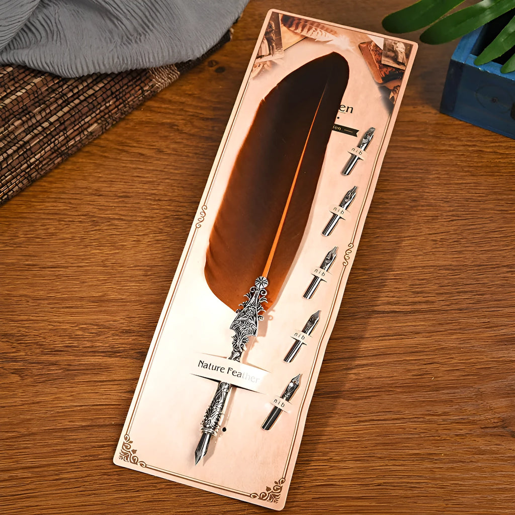 Retro feather dip pen with zinc alloy shell in various colour options for calligraphy and gifting