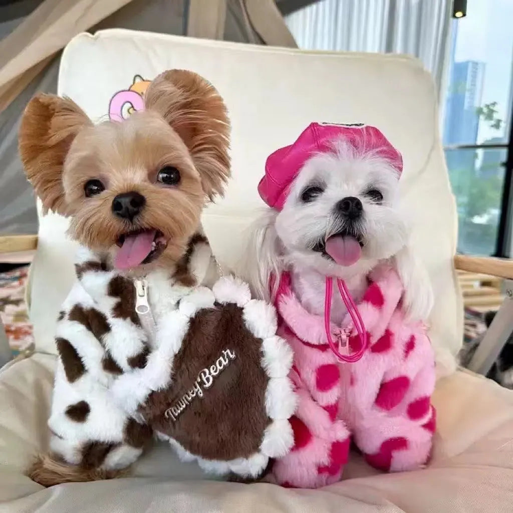 British-style pink warm dog coat for small breed on size chart showing XS to 2XL options