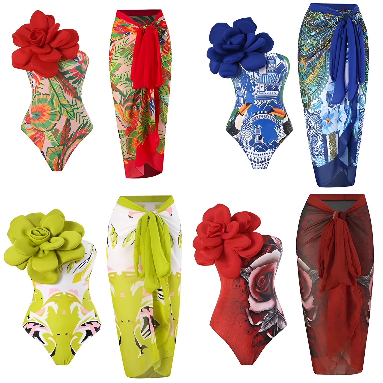 Women's fairy-style printed one-piece swimsuit with matching gauze skirt in blue colour