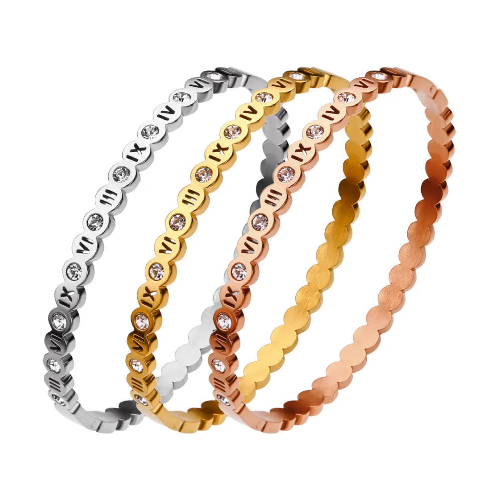Korean style titanium steel bracelet with number charms in steel, gold or rose gold colour