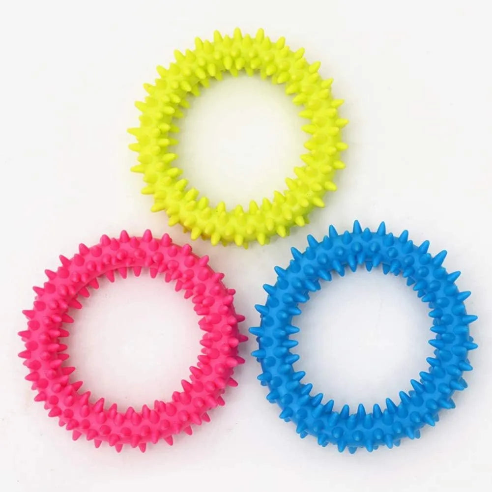 9.5cm diameter TPR dog chew toy with spiked dental cleaning nubs in multiple colours