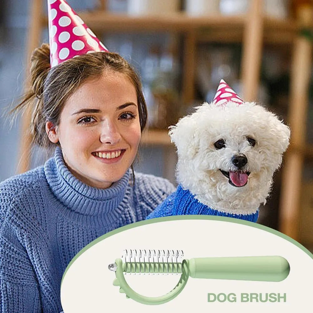 Blue dinosaur-shaped cat brush with double-sided grooming heads for shedding and dematting