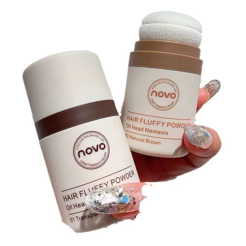 Veejaga mattifying hair oil control booster powder in compact, showing transparent, brown, and dark brown shades.