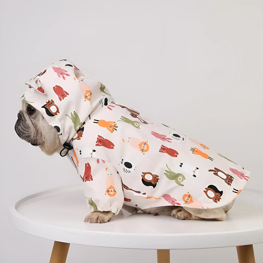 Beige cartoon dog raincoat with animal design and waterproof PU coating