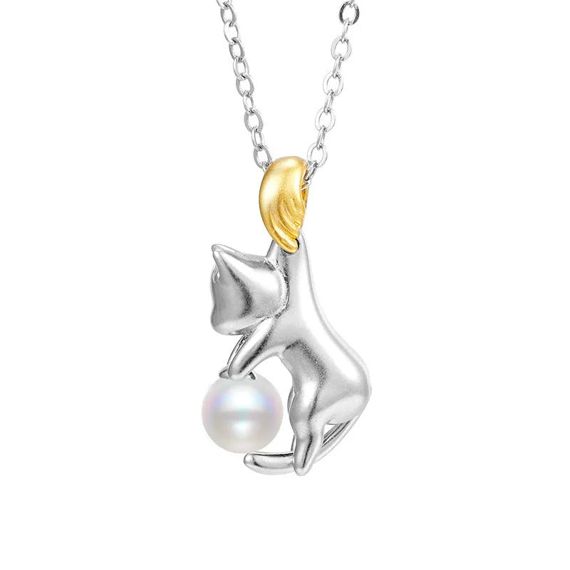 925 sterling silver clavicle chain necklace with cat design and pearl bead options