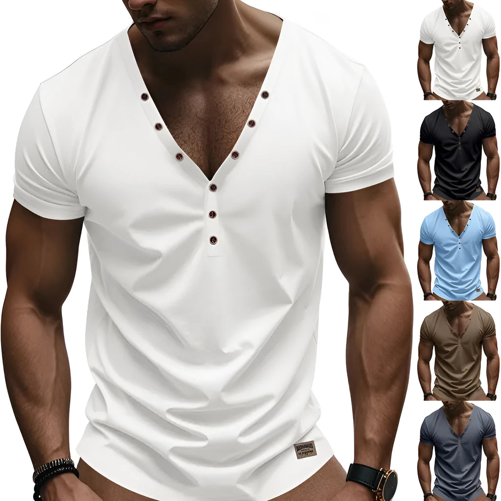 Men's loose V-neck sports top with button detail in chemical fibre blend fabric