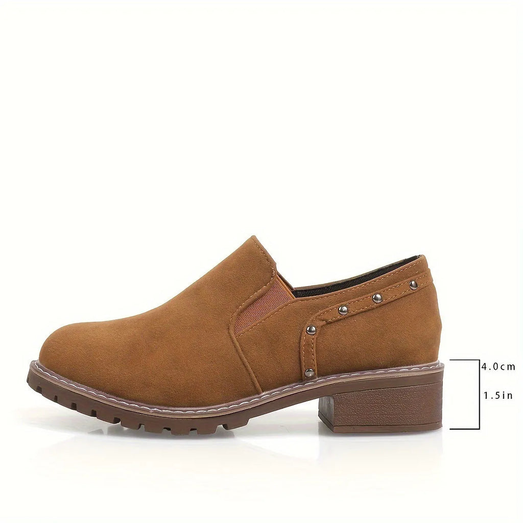 Plus size women's light brown suede ankle boots with low thick heel and elastic band