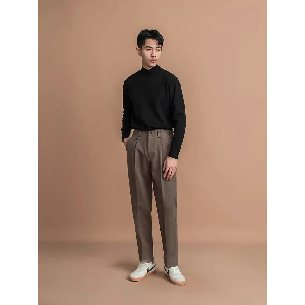 Men's straight leg casual trousers in polyester fabric, shown in a light business style.
