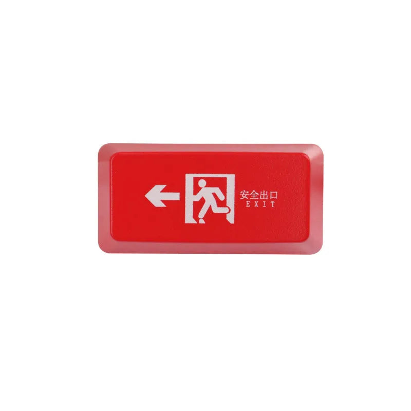 Transparent mechanical keyboard keycap with safety evacuation exit graphic in red text