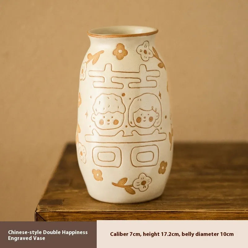 Chinese hand-painted ceramic joy vase with auspicious symbols on 8cm diameter base for desktop display
