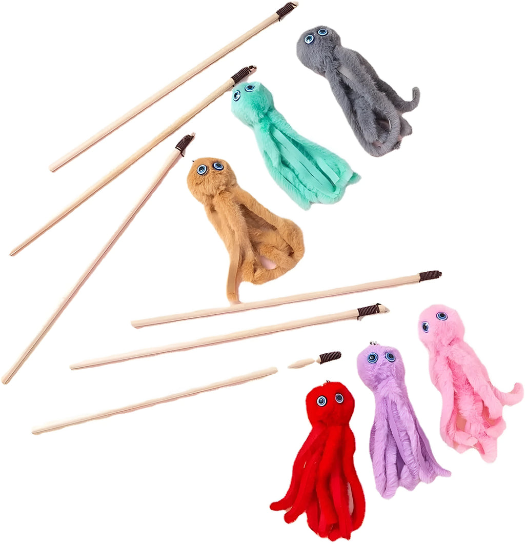 Octopus-themed cat toy with long stick handle and colourful furry texture for indoor kitten play