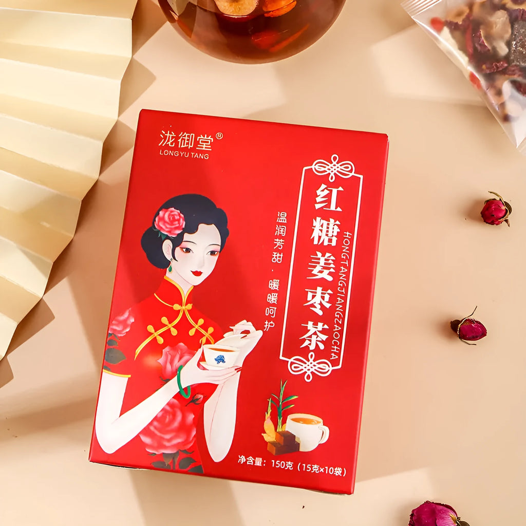 150g box of brown sugar ginger herbal tea with red dates, wolfberries and traditional Chinese ingredients