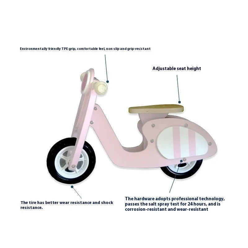 Pink wooden toddler balance scooter for ages 1-6 years, 10 inches