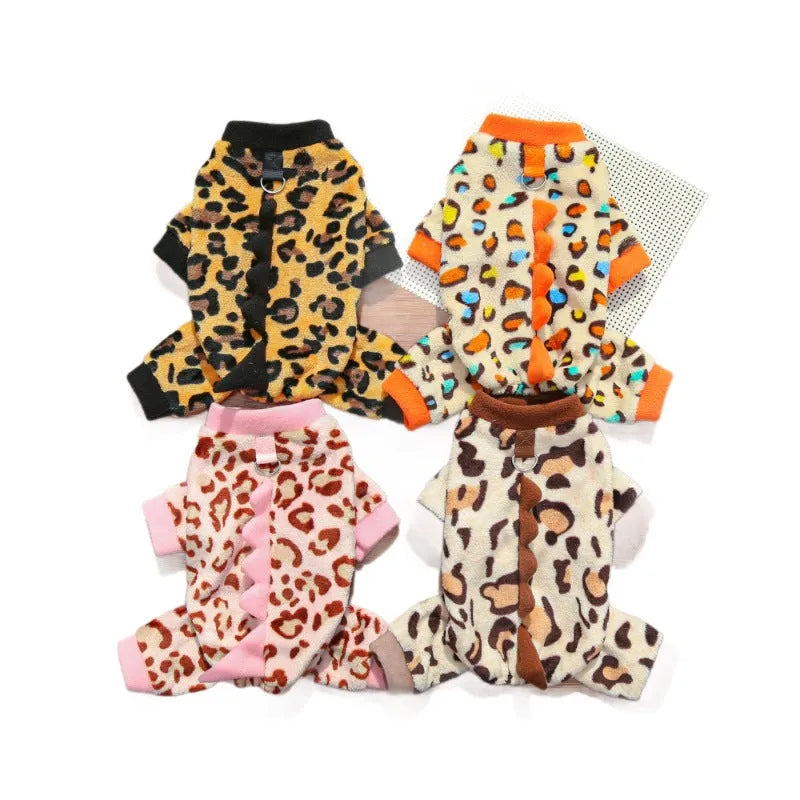 Four-legged leopard print dinosaur dog jumper in pink, polyester, sizes XS to 2XL for French Bulldogs