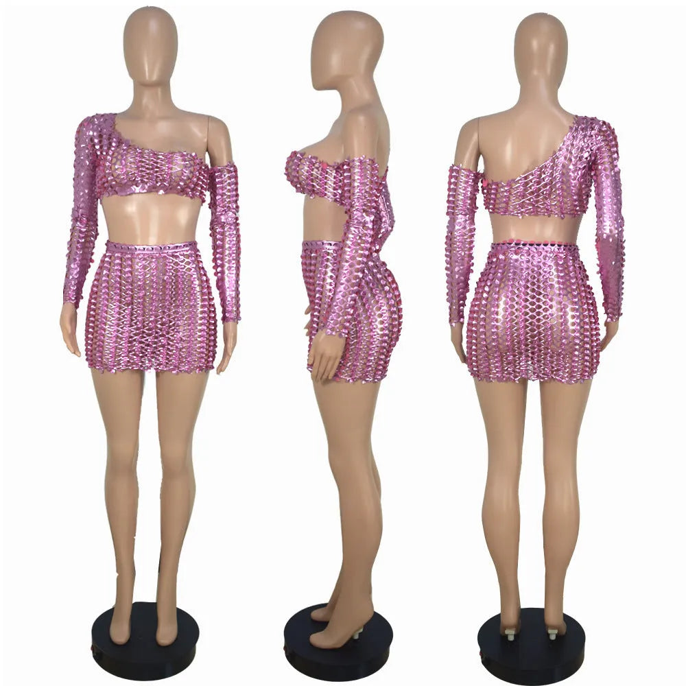 Women's black hollow-out net two-piece sleeveless dress set with short skirt