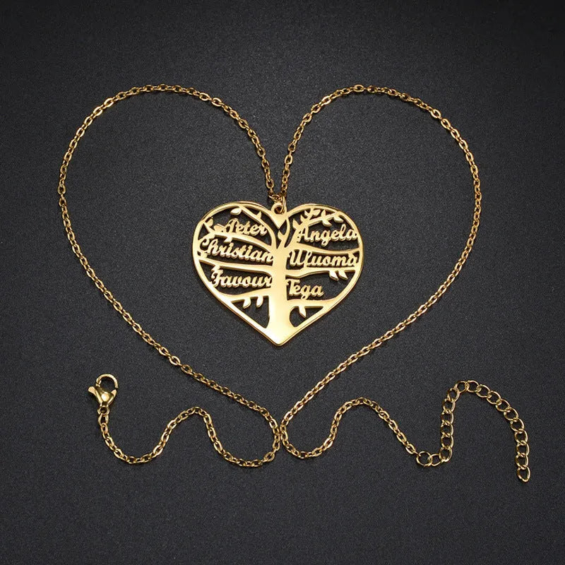 Personalised stainless steel name necklace with hollow heart and tree design pendant on an adjustable chain.
