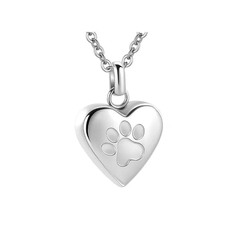 Titanium steel heart pendant necklace with paw print design and openable cinerary casket