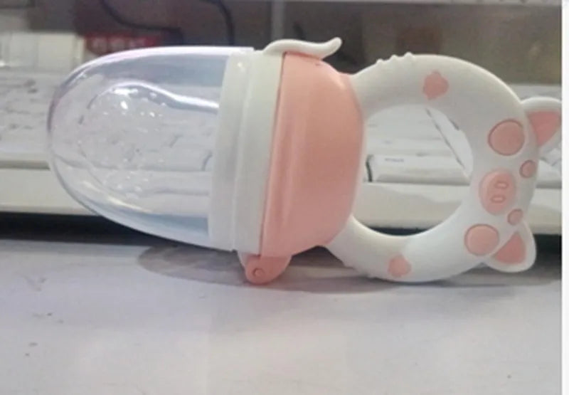 A BPA-free silicone baby teether in blue, showing a single mouthpiece design for infant chewing.