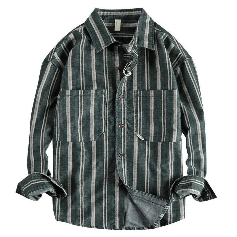 Man wearing a vintage-inspired apricot and brown striped casual shirt with a loose, Japanese retro fit.