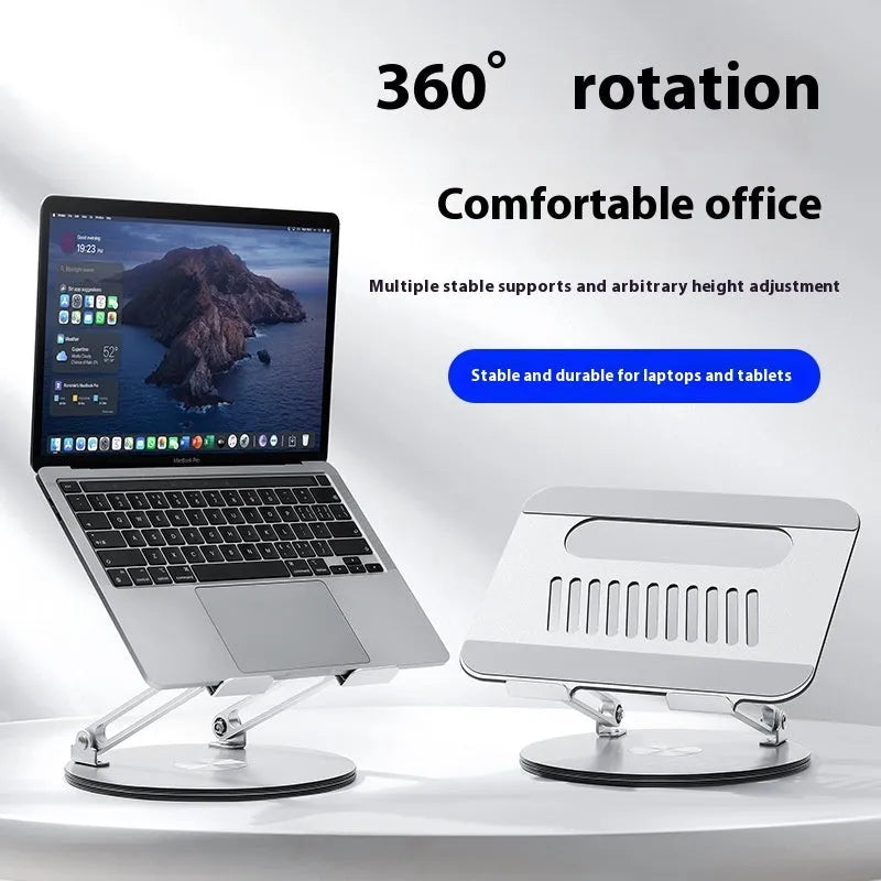 Silver aluminium laptop stand with height adjustment and rotatable platform