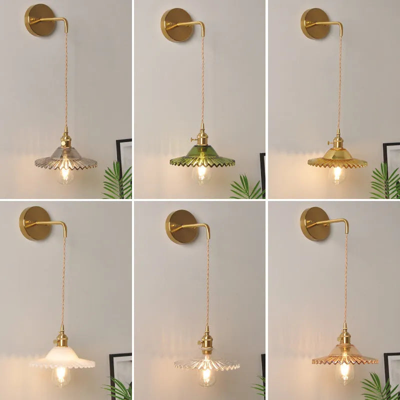 Copper retro wall lamp with transparent glass lotus shade, 22cm diameter