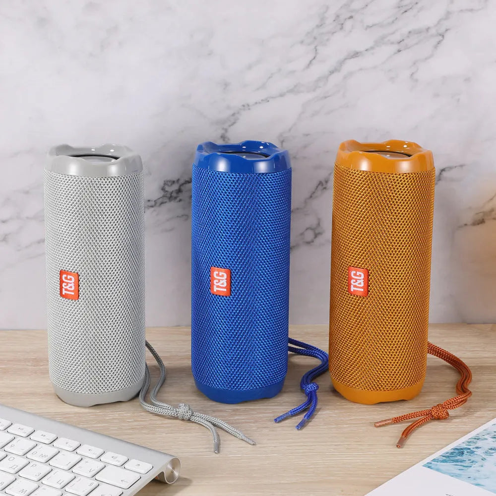 Fabric portable wireless Bluetooth speaker with card holder in multiple colour options showing dimensions