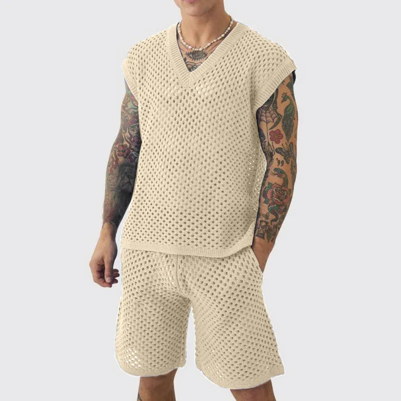 Men's blue V-neck vest with matching shorts sports suit