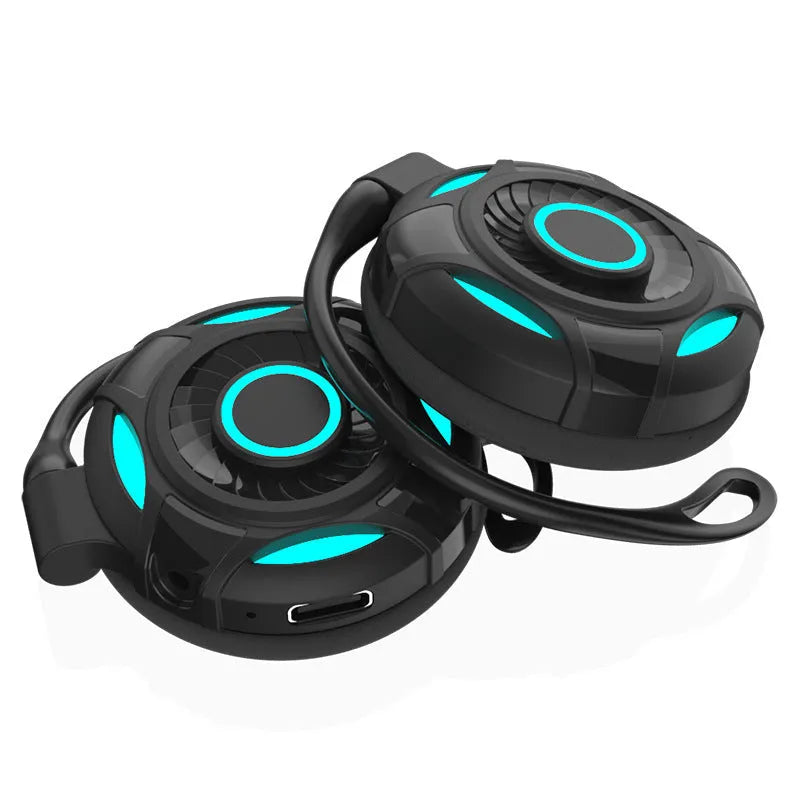 Black and white Bluetooth gaming earphones with hanging ear design showing wireless connectivity
