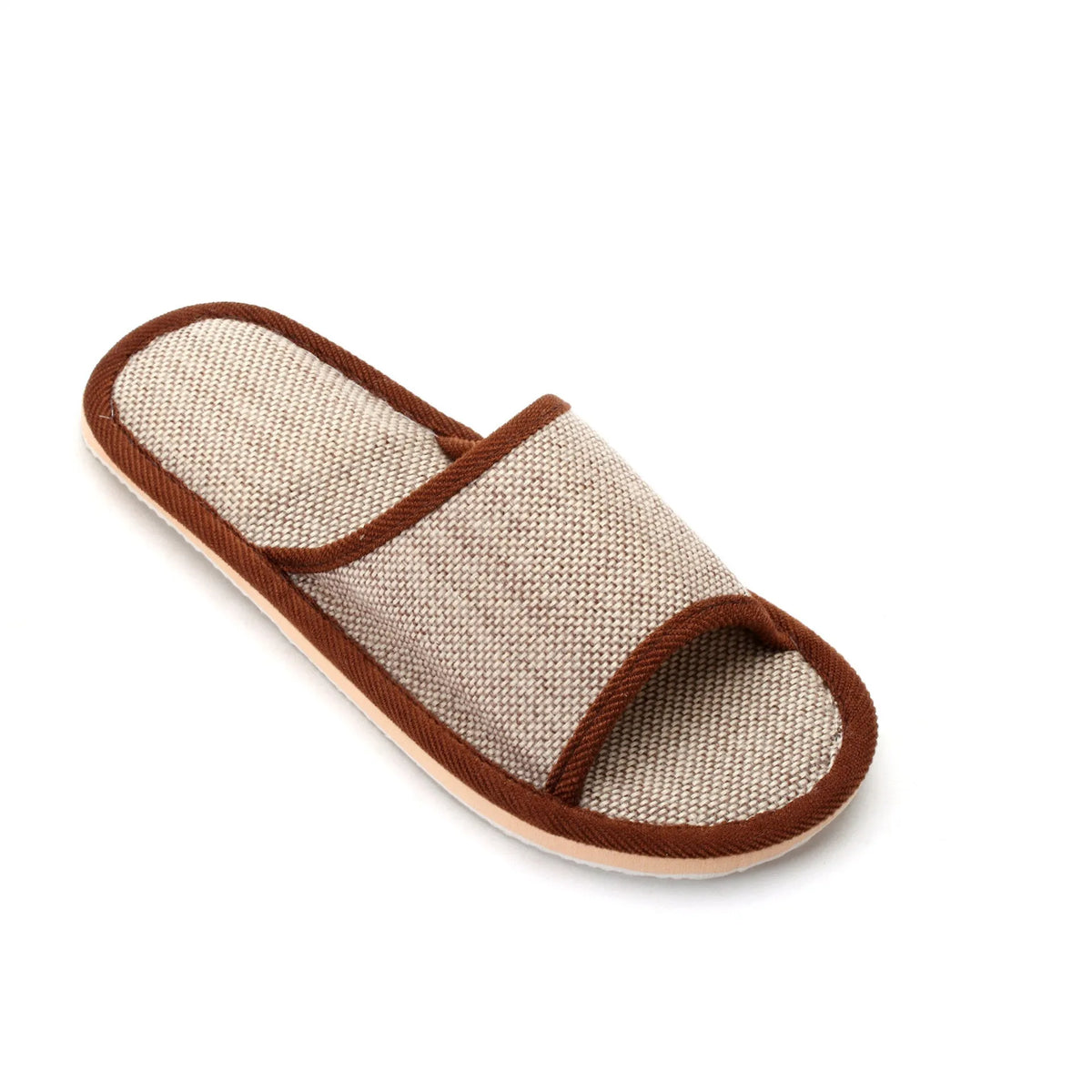 Women's open-toe linen slippers in light brown colour with a thickened sole