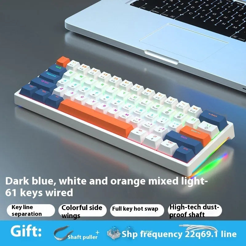 Blue and white 61-key compact mechanical keyboard with hot-swappable switches on black background