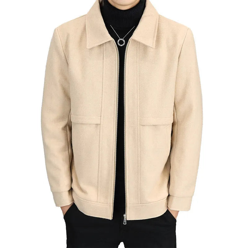 Men's polo collar casual jacket in cotton blend fabric, khaki colour, regular sleeve length