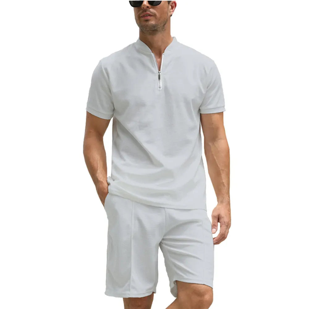 Men's solid colour polo shirt and trouser two-piece set in textured beaded bird's eye fabric