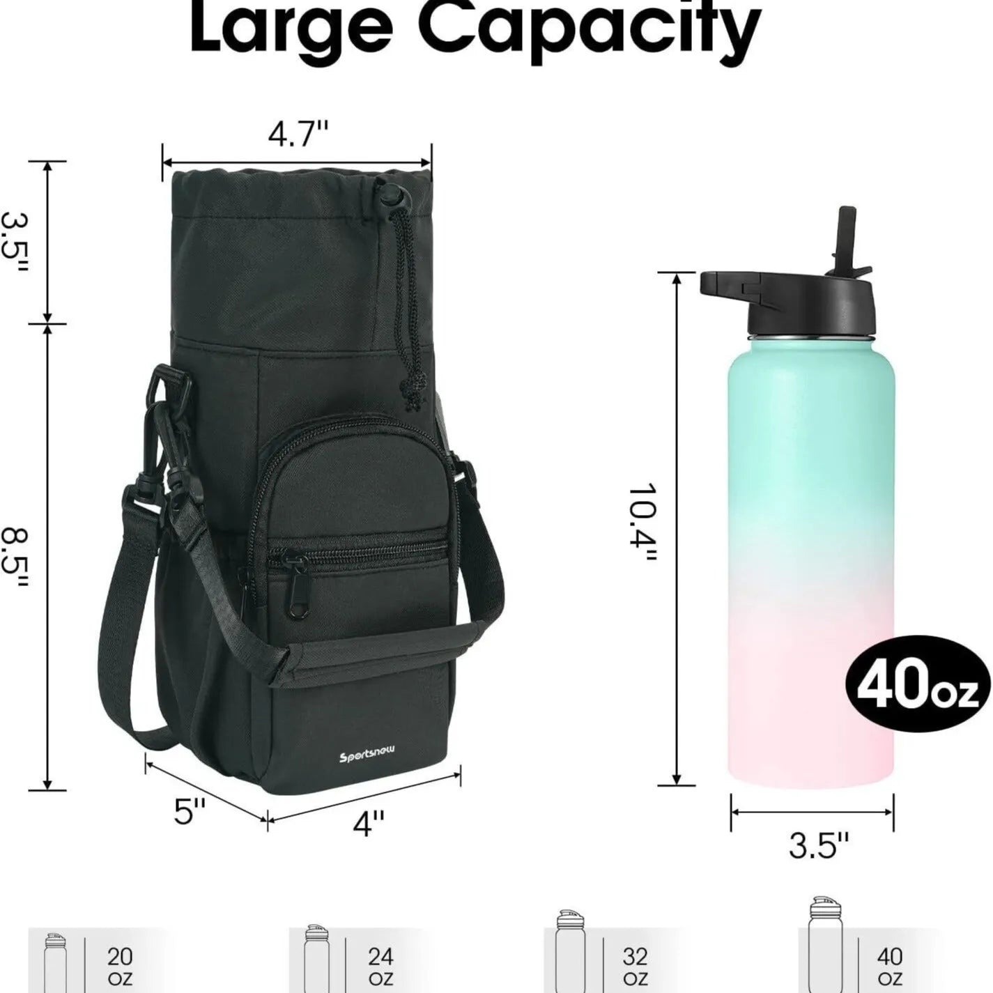 Cloth crossbody water bottle shoulder pouch shown in black, green, and pink colour options.