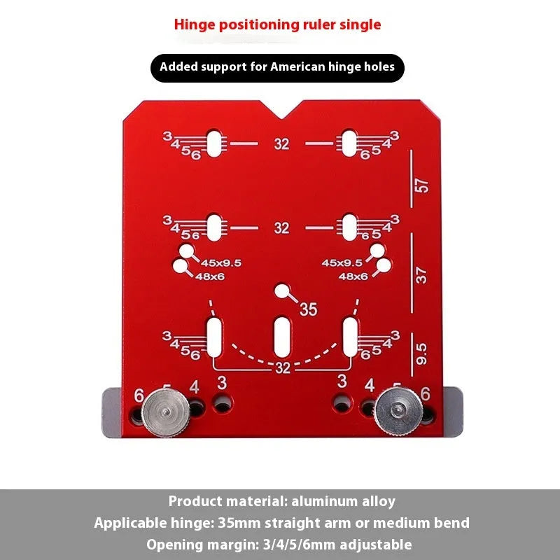 Red hinge punch locator tool for 35mm cabinet hinge installation with adjustable margin settings