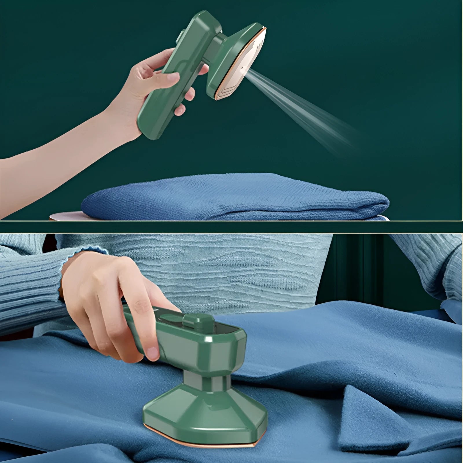Dark green portable handheld steam iron with ceramic panel, shown next to clothing on a hanger.