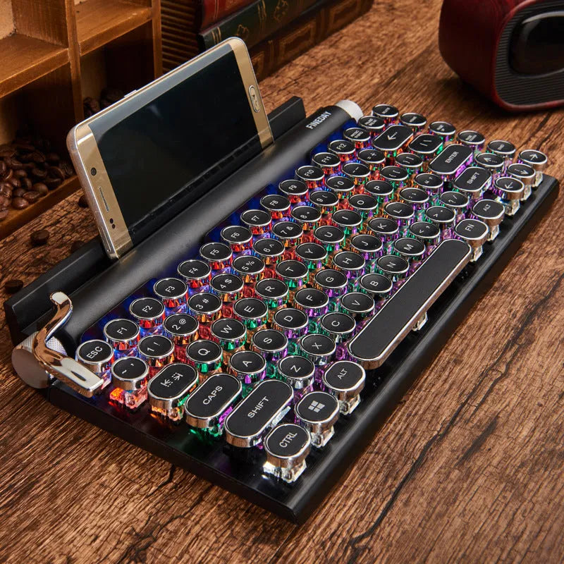 Black retro-style Bluetooth mechanical keyboard with multicolour backlit keys on aluminium frame
