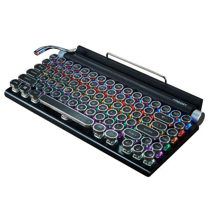 Black retro-style Bluetooth mechanical keyboard with multicolour backlit keys on aluminium frame