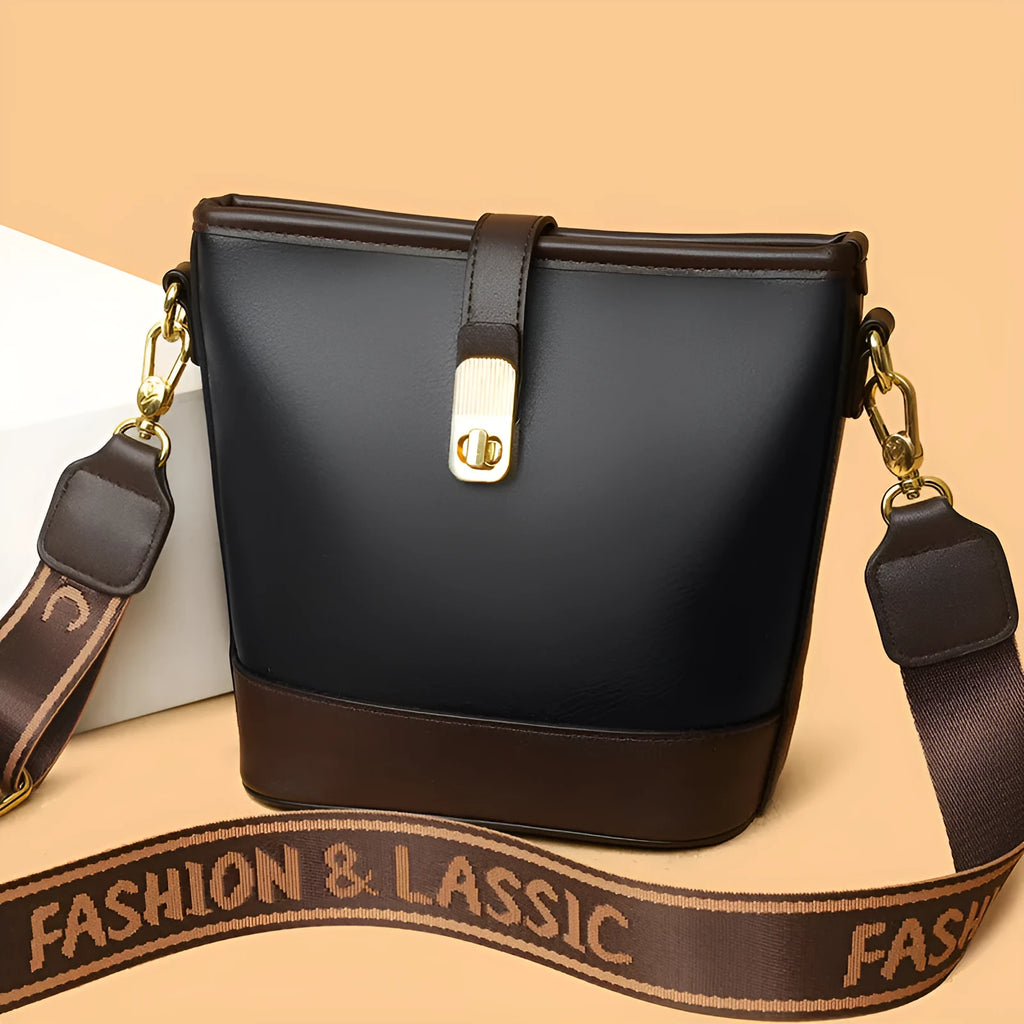 Korean style soft PU bucket messenger bag in black or brown with organised interior compartments
