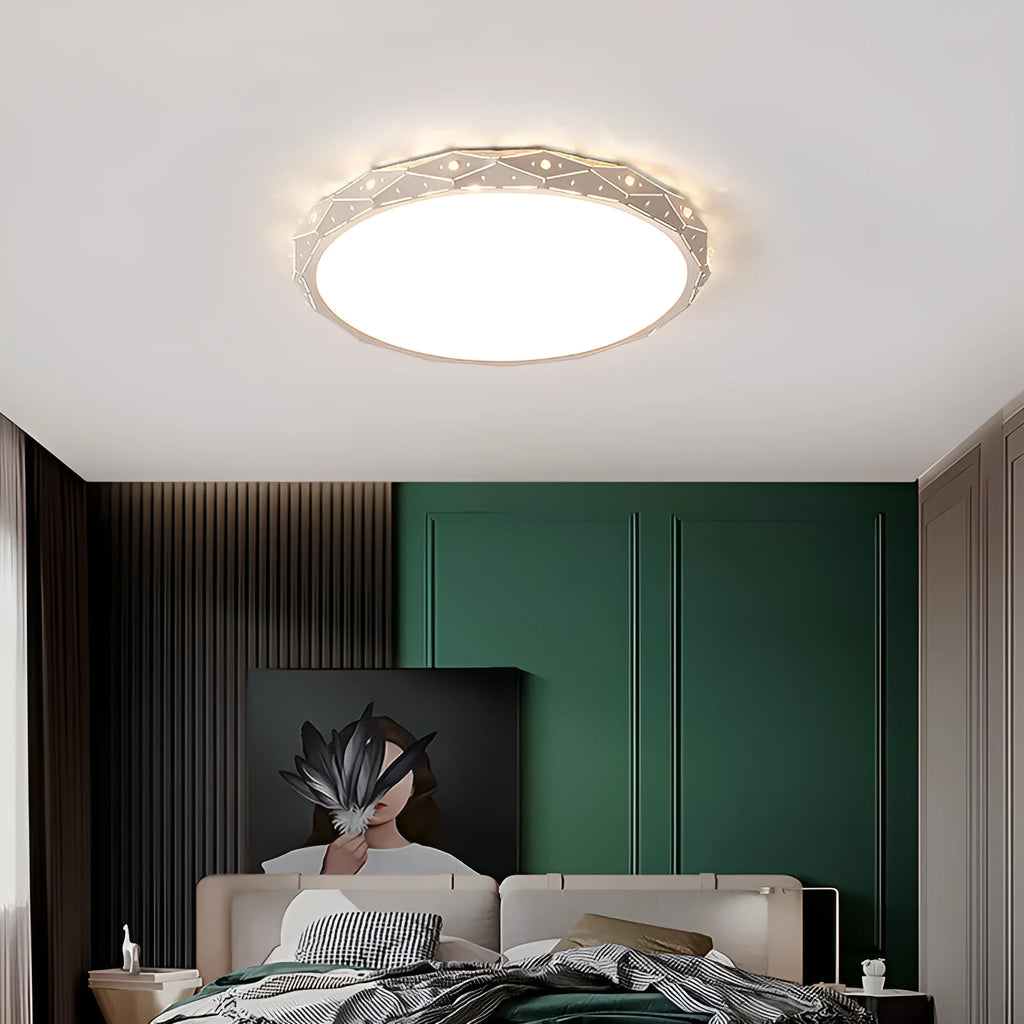 Round modern LED ceiling light with an iron frame in black or white, shown in a room setting.