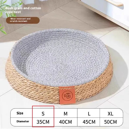 A woven rattan cat nest or bed, shown in one of four available sizes for small to extra large cats.