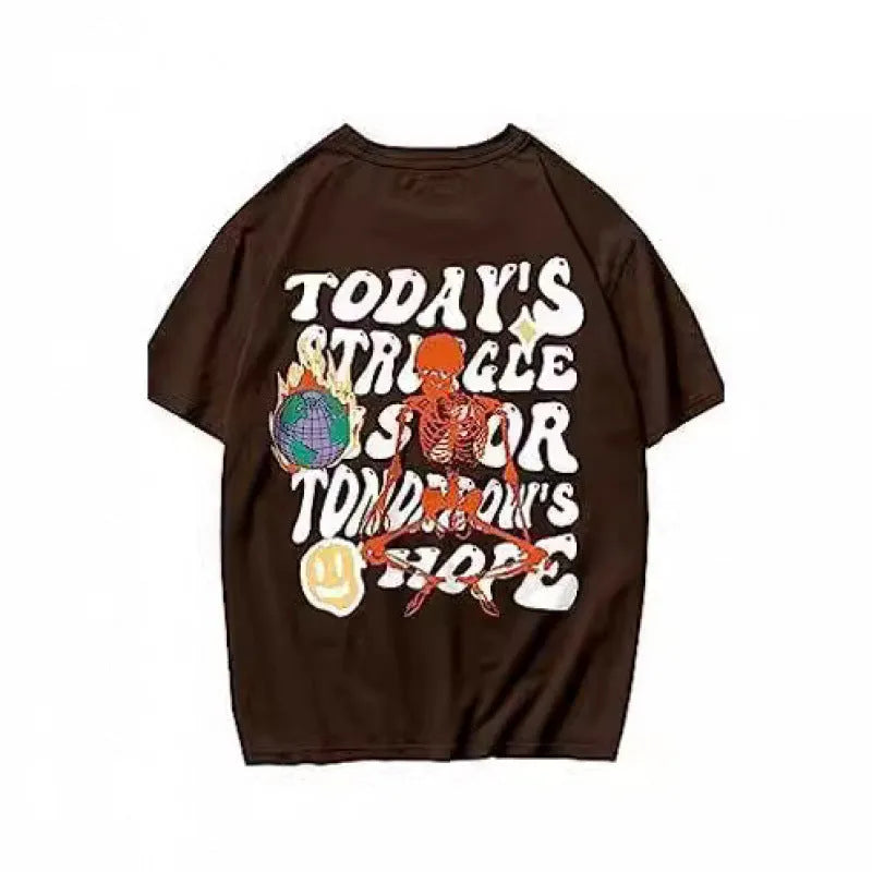 Short-sleeved men's printed street sports t-shirt on a hanger, showing digital print design.