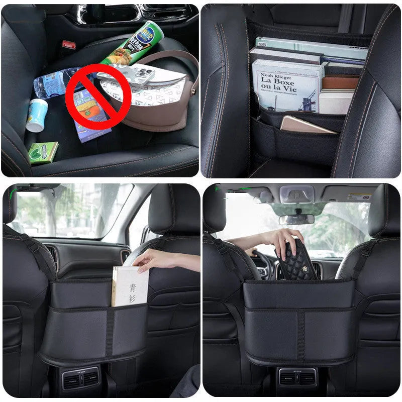 Black leather car seat storage bag with sports carbon fibre pattern measuring 38cm
