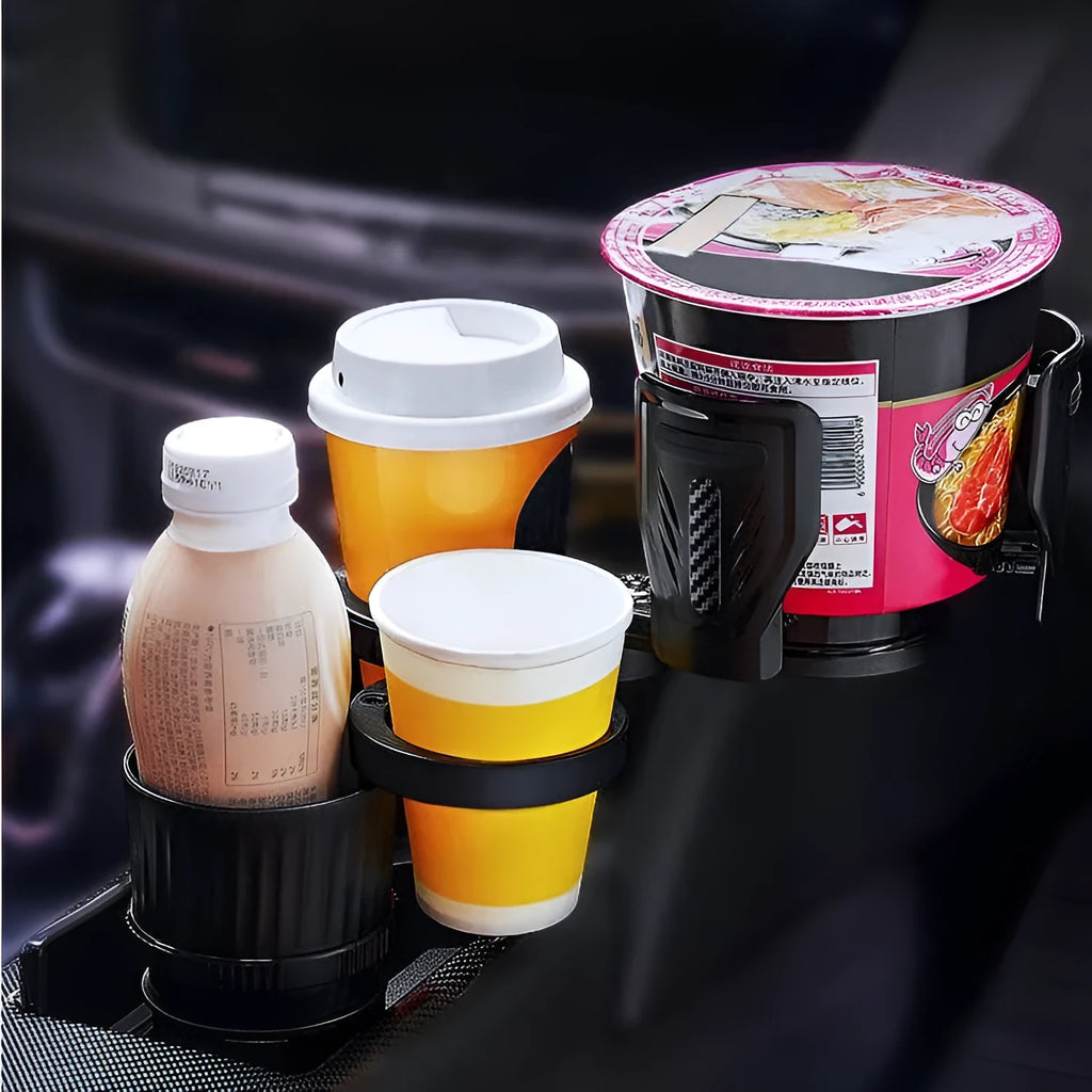 Black car water cup holder with adjustable base showing retracted and extended positions
