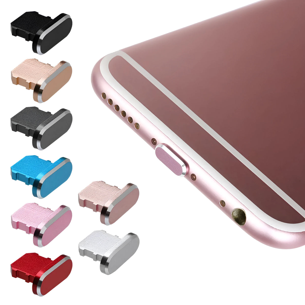 Aluminium alloy dust plug for iPhone charging port in various colours.