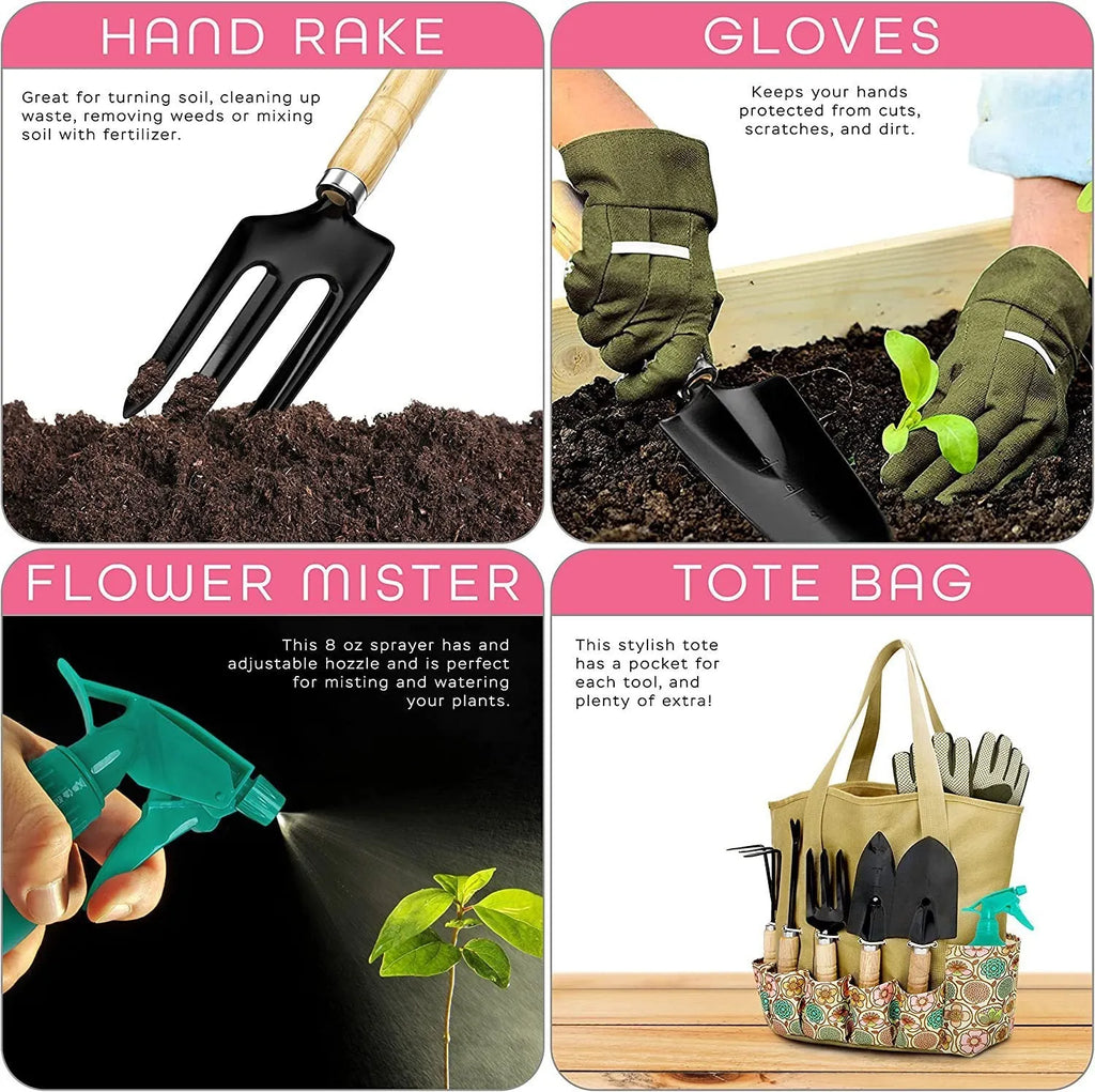 Set of eight stainless steel gardening hand tools including a trowel, weeder, and pruner.