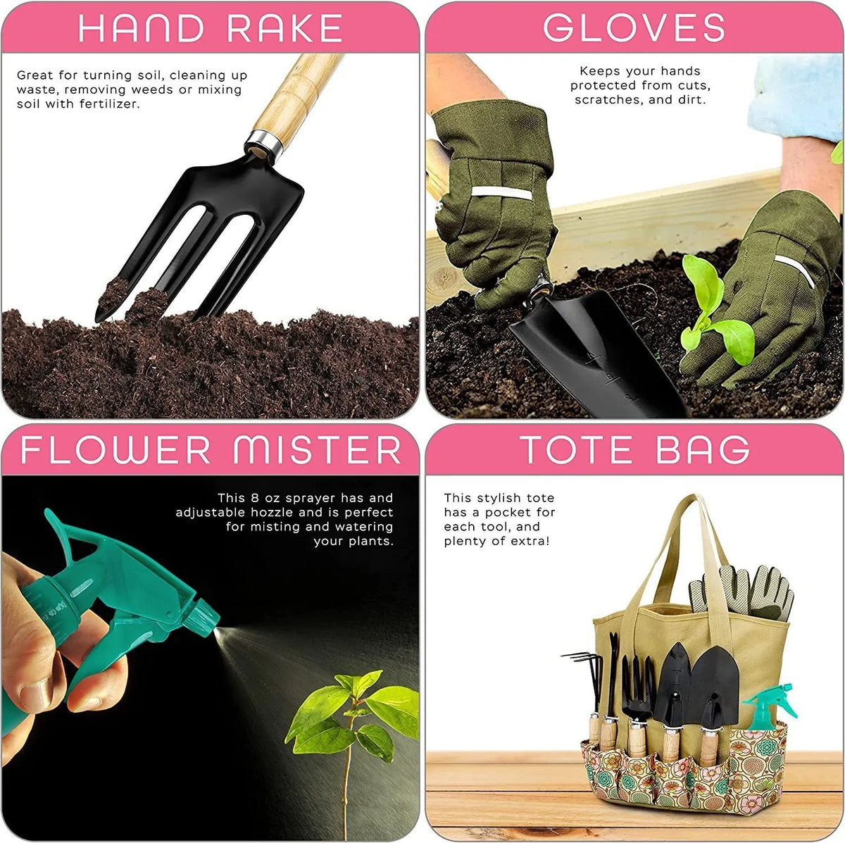 Set of eight stainless steel gardening hand tools including a trowel, weeder, and pruner.
