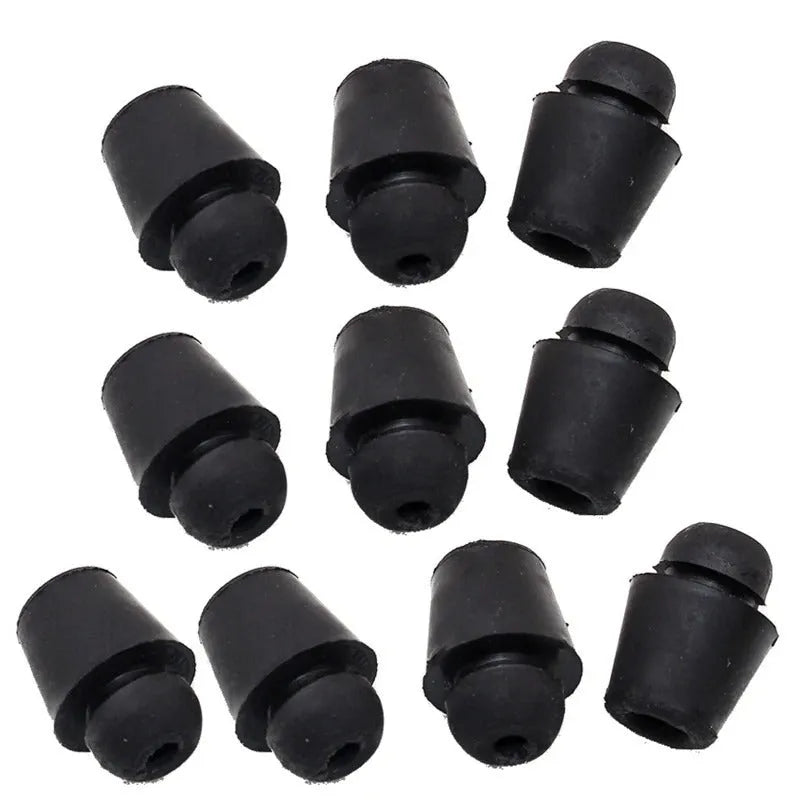Ten black rubber automobile damping clips for shock absorption on a white background.